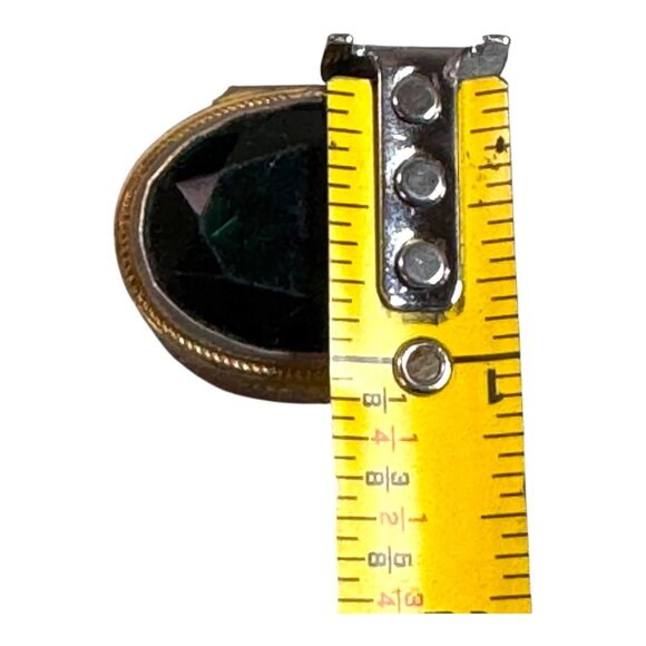 Antique Miniature Trinket Large Emerald Green Goldtone Filigree Ring Jewelry Box - Picture 7 of 12